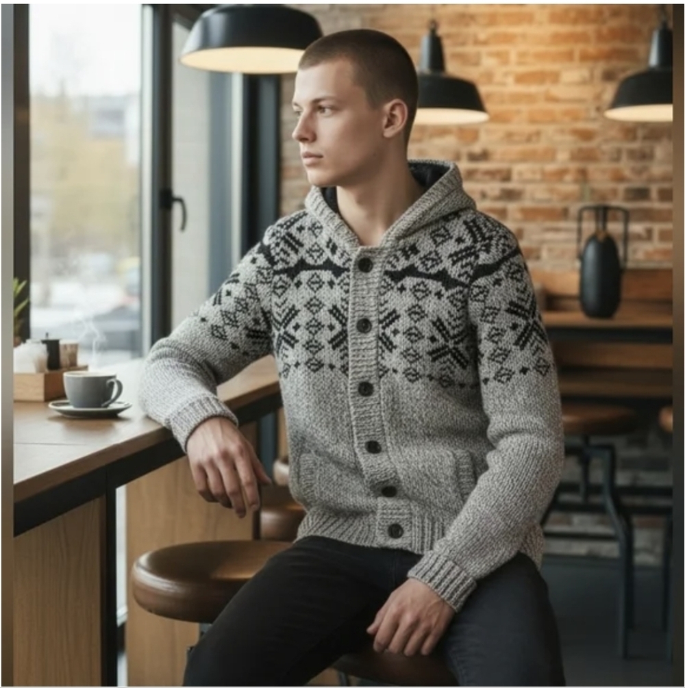 Coupé men's wool blend button up hooded jacket Nordic sweater XXL